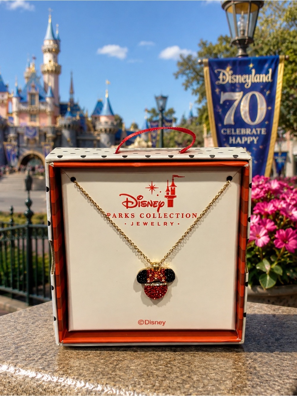 Disney Parks Minnie Mouse Necklace Red Rhinestone Gold Tone NWT NIB